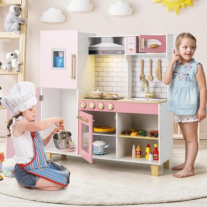 Costzon Kids Kitchen Playset, Wooden Pretend Play Kitchen with BBQ Grill, Ice Maker, Range Hood, Blackboard & Cooking Accessories, Toy Kitchen Set with Lights & Sounds, Gift for Toddlers Ages 3+