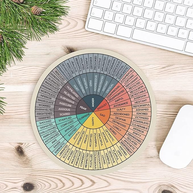 Emotions Feelings Wheel Chart, Round Mouse Pad, Non-Slip Gaming Mouse Pad, Computer Pc Mental Health Mousepad, Rubber Base for Therapy Office Home 7.8x7.8 Inch
