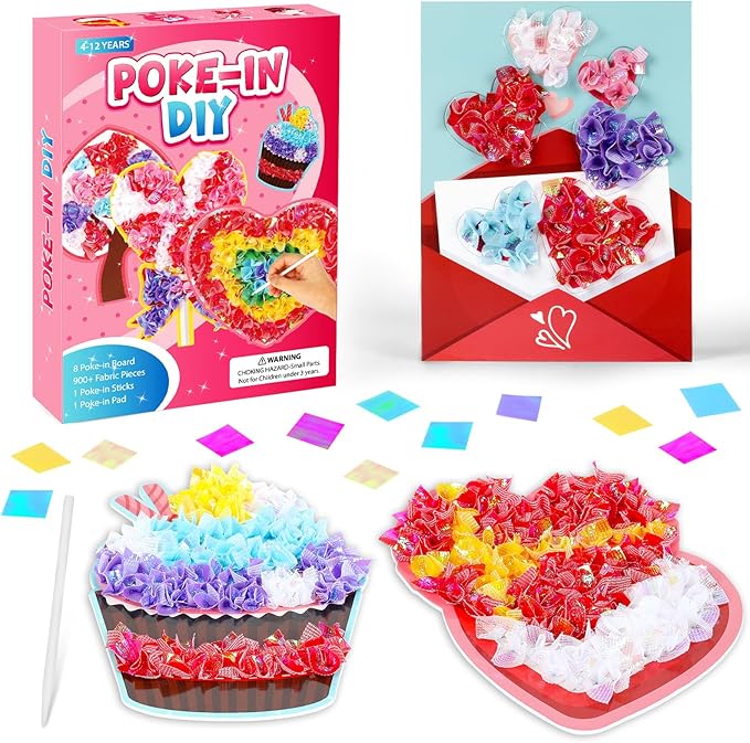 8PCS Poke-in Craft and Art Kit for Kids Heart Monster Dessert No-Mess Fabric Sewing Art Girls Boys 4-12 Puzzle Puncture Painting Toy Gift Mom Valentine Creative Activity Game Birthday Party