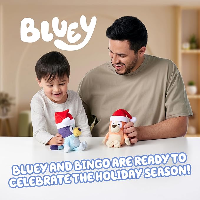 Bluey Toddler Plush Toys Pack of 2, 7-8”, Soft, Festive Holiday Season Plush Figure Toys with Santa Hats, Cuddly Plush Animals for Kids Ages 3+