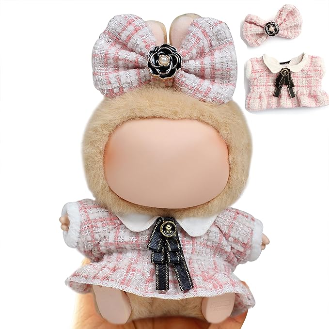 17cm Doll Clothes for Labubu - Luxury Chic Style Set for 17cm Dolls Outfit - Accessories for Dolls Clothes -Pink Plaid Tweed Dress + Black Necktie + Pink Bow (No Doll)