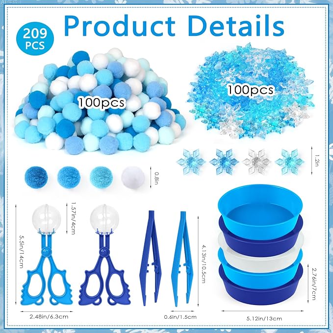 209 Pcs Winter Sensory Bin Items Winter Acrylic Snowflake Counting Sorting Sensory Bin Filler Fine Motor Toys Blue Snowflake Counts Xmas Counting Toys for Preschool Education Activities