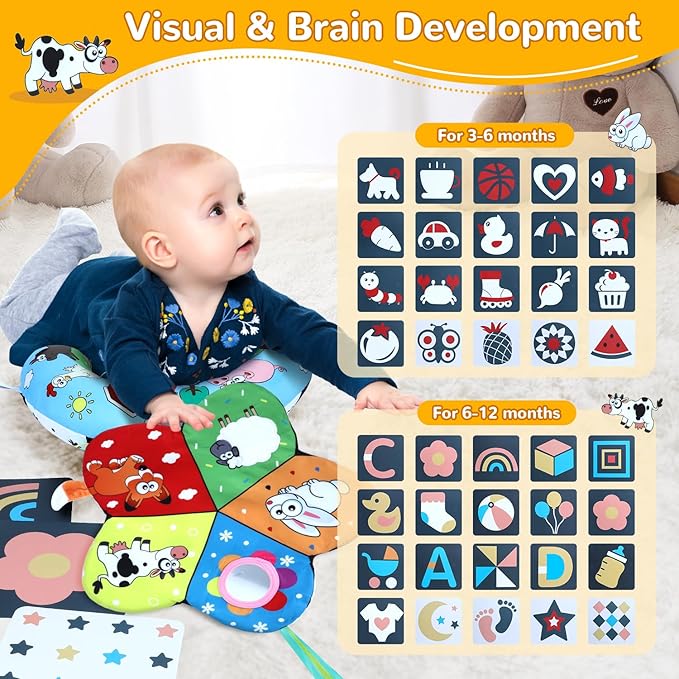 Tummy Time Pillow, High Contrast Tummy Time Mat with Black & White Flash Cards, Double-Sided Tummy Time Cushion with Mirror & Teether Sensory Toys, Baby Toys for Infant Newborn 0-12 Months Babies