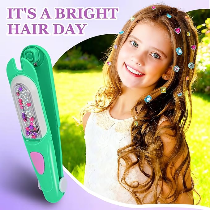 Hair Gem Stamper Kit,Bling Hair Jewels for Girls, Hair Styling Tool with Reusable Shining Diamonds, Christmas Birthday Arts & Crafts Gift for 5-12 Year Old Girl (Green)