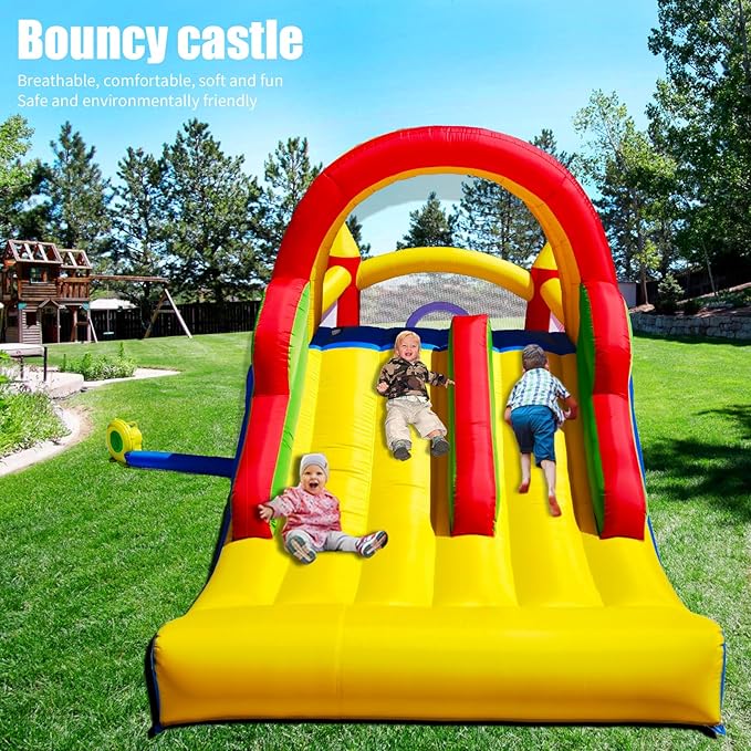 HuaKastro 16x7.2FT Inflatable Bounce House with 2 Racing Slides & Large Climbing Wall, 3 in 1 Kids Inflatable Trampoline Rainbow Jumping Castle Kids Backyard Playgrounds - with Air Blower