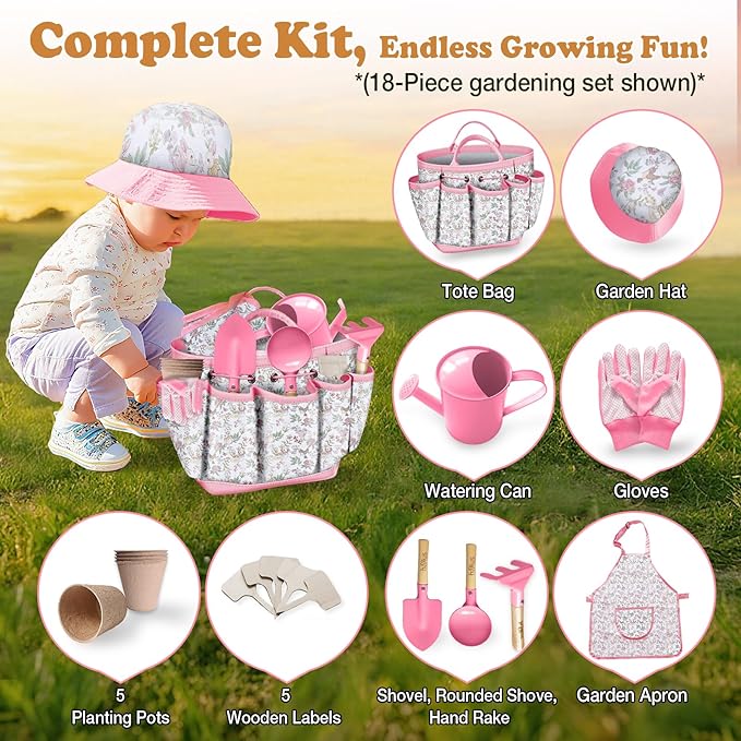 Kids Gardening Tool Set 18PCS Kids Toddler Gardening Set Includes Tote Bag Watering Can Apron Hat Rake Shovel Spoon Gloves Plant Pots and Labels, Outdoor Toys Gift for Boys Girls (Pink)