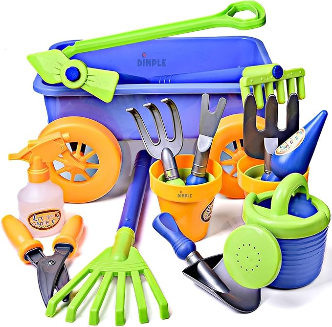 Dimple Garden Wagon & Tools Toy Set Premium 15 Pcs Kids Gardening Tools & Wagon Toy Set - Sturdy & Durable - Top Yd, Beach, Sand, Garden Play Set - Great for Kids & Toddlers