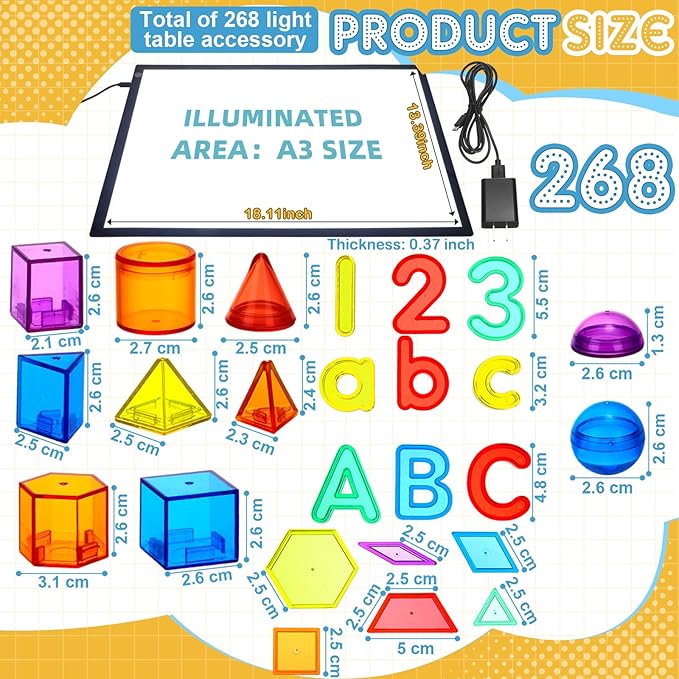 LED Light Panel for Kids and 268 Pcs Translucent Pattern Blocks Geometric Solids Colorful Plastic Letters and Numbers for Kids Sensory Play Exploration Counting Spelling Supplies