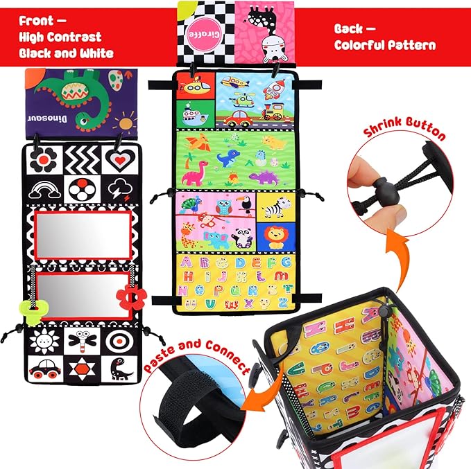 Tummy Time Floor Mirror with Crinkle Cloth Book and Teethers, Double-sided Baby Mirror Black and White High Contrast Baby Toys, Folding Crawling Activity Mat for Infants 3 6 12 Months (B-Mirror+Book)