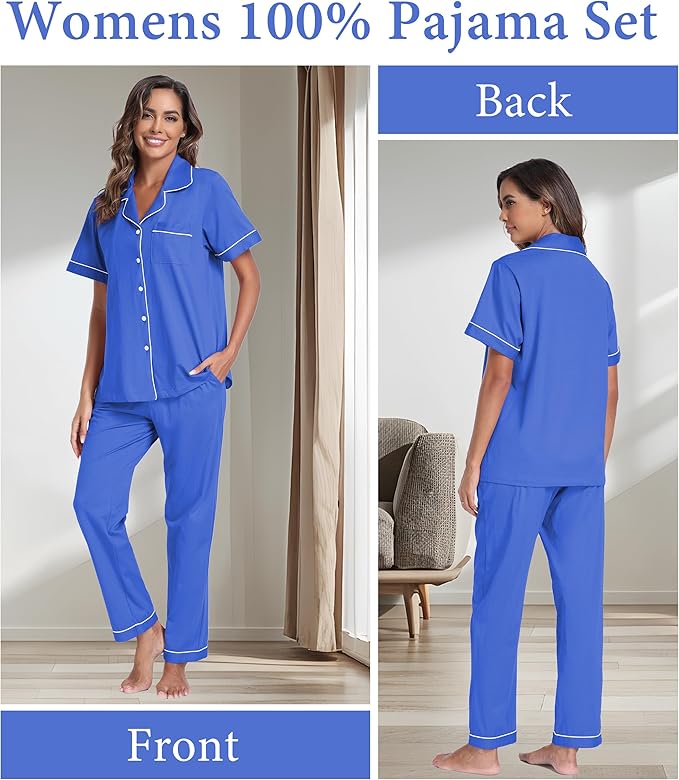 CF Womens 100% Cotton Pajamas Set Button Down Pjs Sets Short Sleeve Top & Long Pants Sleepwear Comfy Loungewear with Pockets