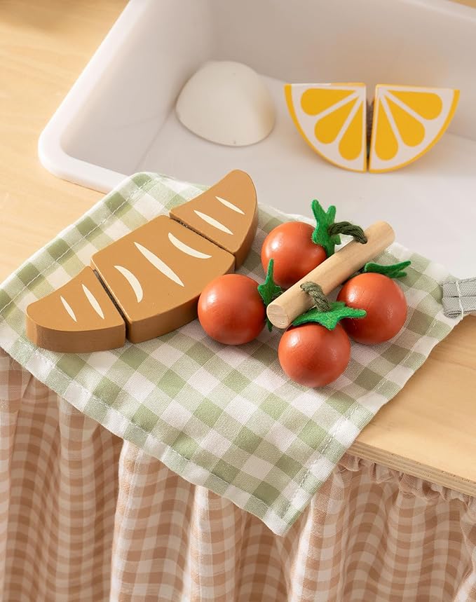 ROBOTIME Play Knife Set, Play Kitchen Accessories, Wooden Kids Play Toy Food – Pretend Play Food Set with Cutting Board, Wooden Fruits, Vegetables, and Cooking Tools for Toddlers Boys Girls
