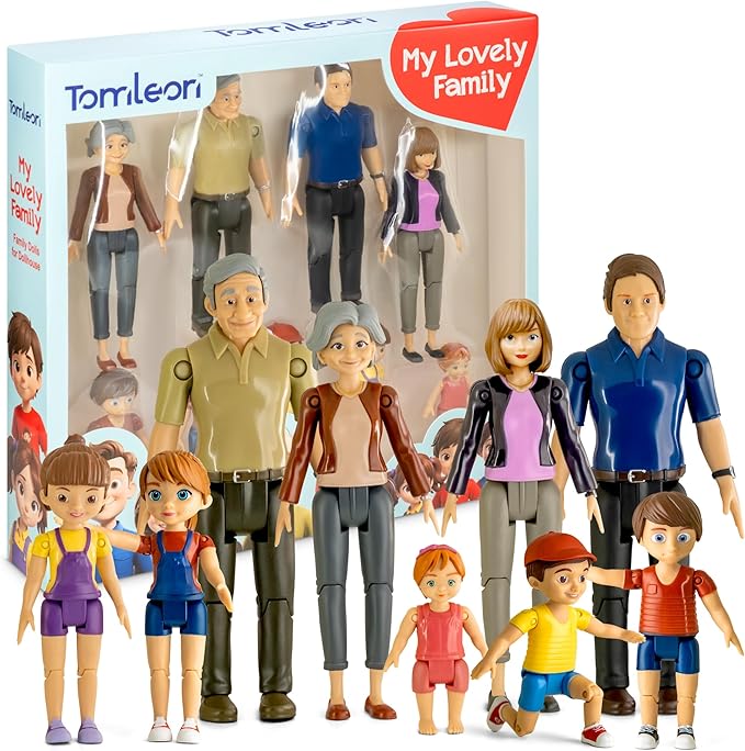 Dollhouse People, Bendable Dollhouse Family Set – 9 Poseable Figures Including Grandpa, Grandma, Mom, Dad, Sister, Brother, Cousins, and a Baby Girl – Perfect for Dollhouse Play and Imaginative Fun