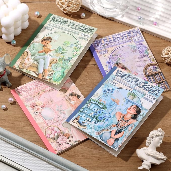 4 Book for Girls Scrapbooking Stickers Pre-Cut 480 washi Stickers PET People Sticker Books for journaling Scrapbook Supplies Transparent Sticker for journaling