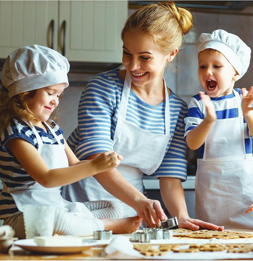 SATINIOR 8 Set Kids Apron and Chef Hat Set Kids Apron with 2 Pockets Adjustable for Boys Girl's Cooking Baking Painting (White, S for 2-6 Age)