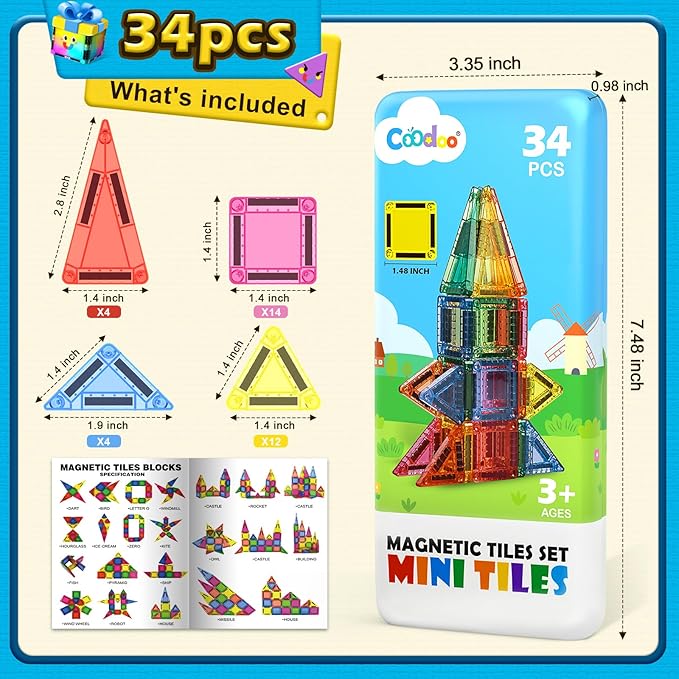 Magnetic Tiles for Kids Ages 4-8 Toddler Toys Magnetic Blocks Building Toy STEM Outdoor Kids Toys Gift for Boys & Girls 3+ Year Old, Pocket-Sized Mini Tiles for Classroom Must Haves
