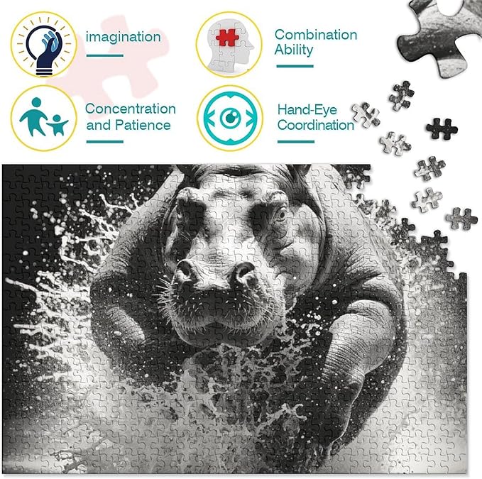 Hippo Thickened Wooden Jigsaw Puzzles 500 Pieces 3D Animal for Adults Fun Education Game Home Decoration Toy Intellectual Game Stress Relief Toy Premium & Durable 500pcs (52x38cm)