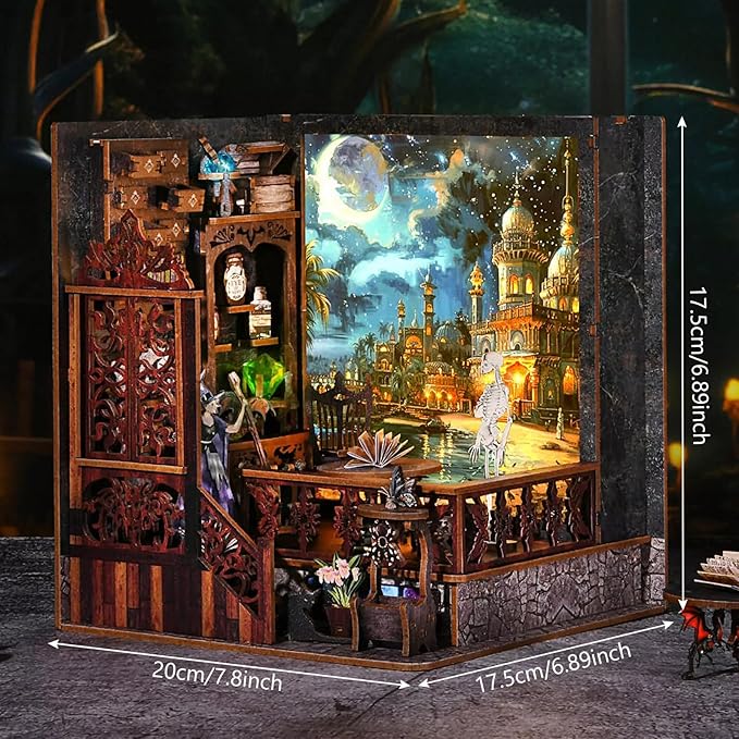 DIY Book Nook Kit, Miniature Bookshelf Decor with LED Lights, Laser-Cut Wooden Craft Set for Adults, Creative Gift for Christmas, Birthday, Magic Exploration