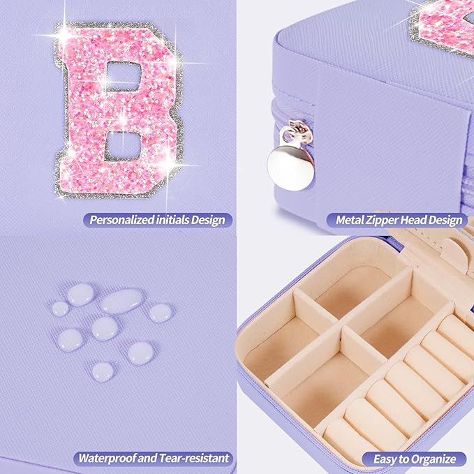 Initials Travel Jewelry Case - Bridesmaid Gifts Wedding Day,Bridesmaid Proposal Gift,Bridal Shower Gifts,Maid of Honor Gifts,Bachelorette Party Decorations Favors | Lavender,B