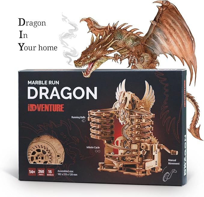 iDventure DIY Wooden Marble Run Mode Dragon – 3D Mechanical Wooden Puzzle Model Kit für Adults and Teens Hand Cranked Mechanical Gear with 15 Steel Balls