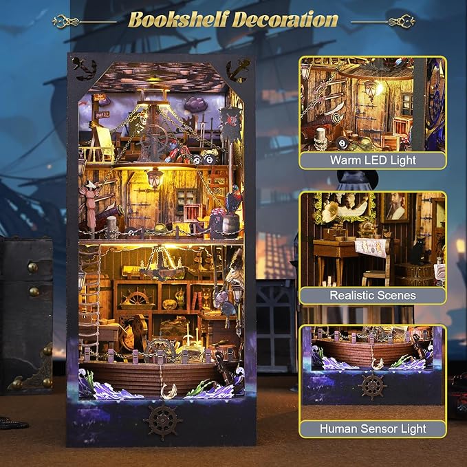 DIY Book Nook Kit Booknooks Bookshelf Insert Decor Miniature House Kits with Sensor Light 3D Puzzles Wooden Dollhouse Arts & Crafts for Adults/Teen Gifts (Aden)