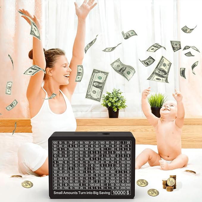 Piggy Bank for Adults Kids, Wooden Coin Bank for Boys and Girls, Cash Vault Money Saving Box with Counter $10000 $5000 Savings Challenge Money Box with Money Target and Numbers (Black Box+ 8 Sheets)