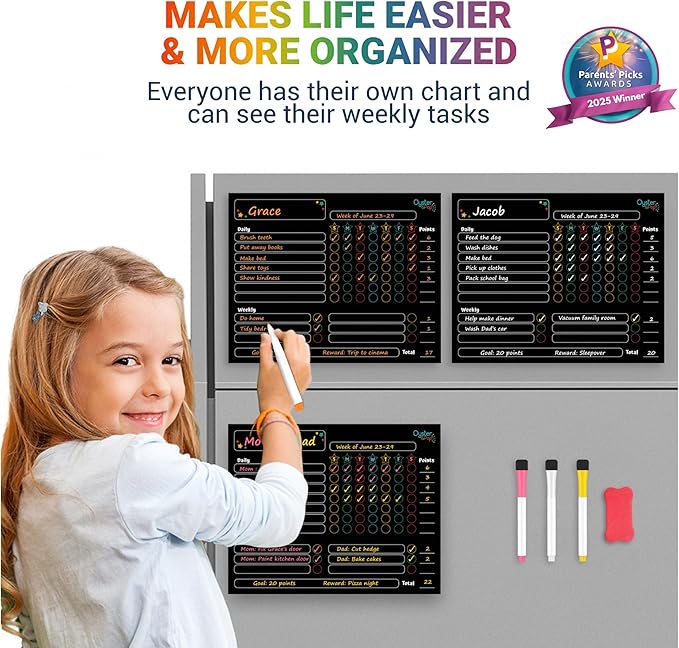 Black Magnetic Chore Charts for Multiple Kids & Adults - 3Pcs Dry Erase Chore Boards Set with 4 Fine Tip Chalk Markers - Responsibility & Reward Charts for Family Organization on Your Refrigerator