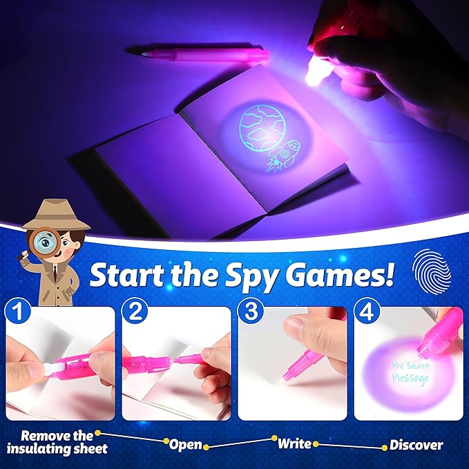 Joycover 12 PCS Invisible Ink Pen with UV Light for Kids, Spy Pens and Notebook, Birthday Party Favors for Kids 4-8, School Prize Goodie Bag Stuffers, UV Pen for Secret Message Escape Room