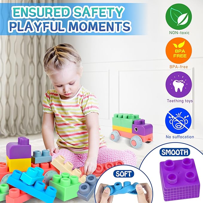 80PCS Baby Blocks Set with Storage Bucket, Blocks for Babies 6 Months and Up STEM Educational Toddler Gifts, Rubber Soft Blocks Big Building Blocks Sensory Stacking Toys