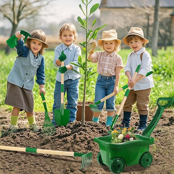 Duckura Kids Gardening Tools Set - 7pcs Wheelbarrow Set for Kids with Shovel, Rake, Leaf Rake, Summer Outdoor Yard Digging Weed Toys, Halloween Birthday Gifts for Boys Girls Age 2 3+ Years Old(Green)