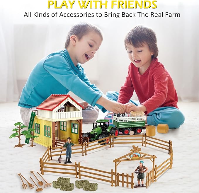 Farm Tractor Playset, 62 Pcs Farm Toy Set for Kids with 1/24 Tractor, Dumpable Traile, Bale Grapple, Big Barn, Farm Life Accessories, Map - Toys for 3+ Year Old Boys Girls