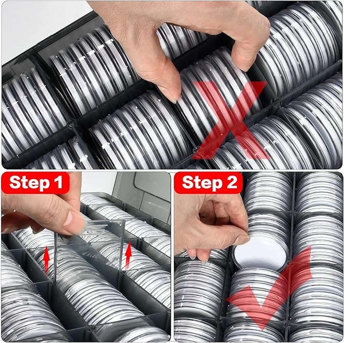 FULLCASE Coin Capsules 46mm with Foam Gasket and Plastic Storage Organizer Box, 6 Sizes (20/25/27/30/38/46 mm) Coins Collector Case Holder for Collection Supplies-168 Pieces(Light Grey)