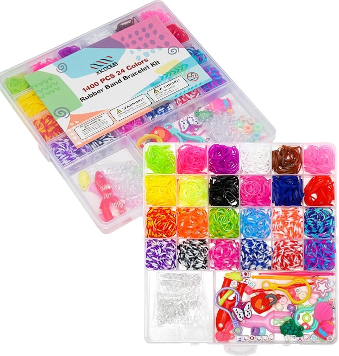 XKDOUS 24 Colors Rubber Band Bracelet Kit, Rubberband Bracelet Making Kit for Kids Ages 6+