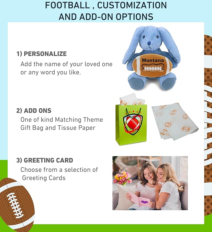 DolliBu Baby Blue Rabbit Stuffed Animal with Football Plush - Soft Huggable, Playtime Plush Toy, Cute Farm Life Gift, Plush Doll Animal Toy for Kids and Adults with Name Personalization - 8 Inches