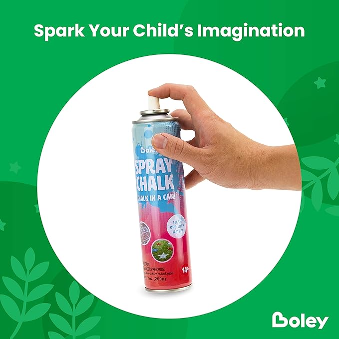 Boley Spray Chalk - 8 Pack Washable Sidewalk Chalk Spray Paint, 7 oz Each, Safe & Non-Toxic, Vibrant Colors for Outdoor Fun, Chalk for Asphalt, Grass, Snow, Sand, Concrete - Ages 14+
