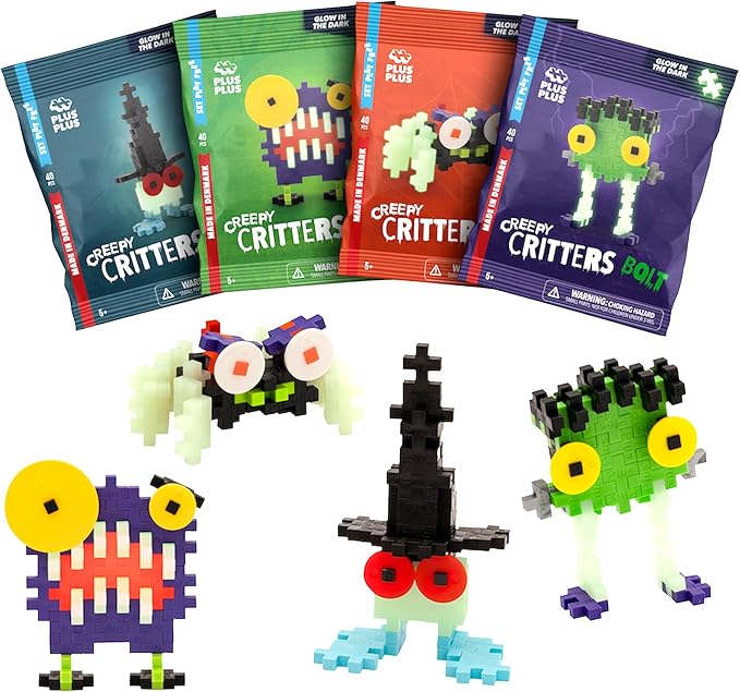PLUS PLUS Critters, Pack of 4, Halloween 3D Puzzle Building Block Set, 160 Mini Interlocking Pieces, Fun Holiday Activities for Kids, Series 2 - Creepy