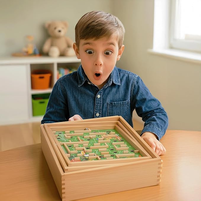 STERLING Wooden Labyrinth Marble Maze Game, Large 12.75" x 11.5" Tilt Maze Game Board with 60 Waypoints and Marble Balls Included, for Kids and Adults 6 Years and Up, Natural Jungle