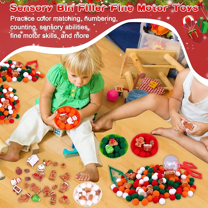 200 PCS Christmas Sensory Bin Filler Winter Sensory Bin Items 160 Pompoms 22 Gingerbread Man 8 Cups 6 Tweezers 3 Scissor Clips 1 Storage Box for Christmas Fine Motor Toys Counting Sorting Training