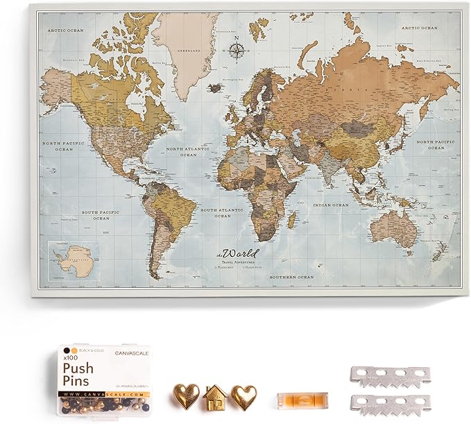 Canvas World Map with Cork Pin Board - English Lettering - Decorative Wall Decoration for All Rooms - Canvas Pictures with World Map Motif (120x80 cm, Pattern 14)