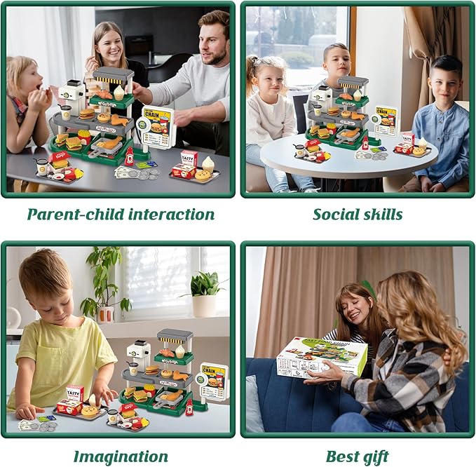 Kids Fast Food Pretend Play Set with Realistic Coffee Maker, Card Reader, Cash Register, Play Food (Burger, Fries, Sandwich), Play Money - Educational Toy Kitchen for Ages 3+