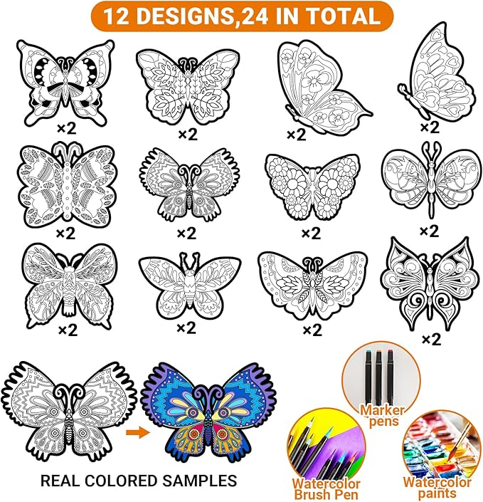 Bosctanuc 24 PCS Butterflies Velvet Coloring Cardstock,Fuzzy Art Posters Color Your Own Butterflies DIY Activity for Kids for Spring Craft