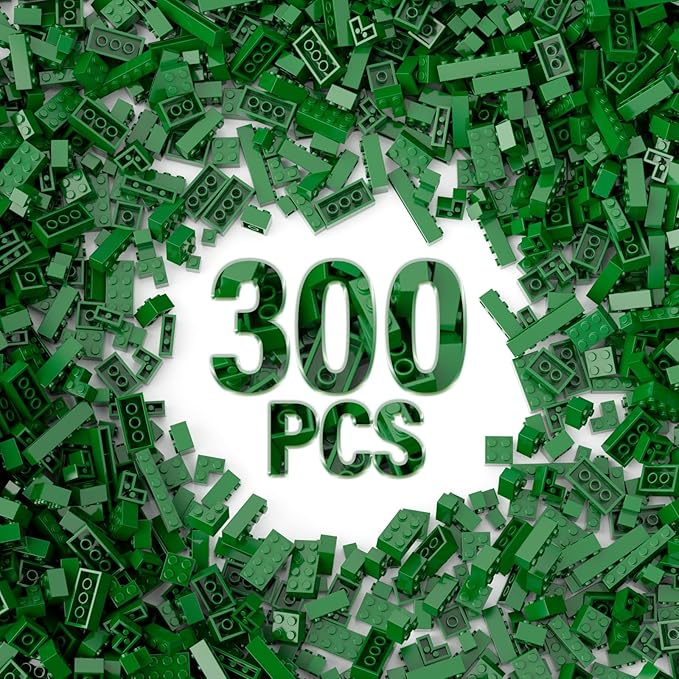 300 Piece Green Bricks Bulk Assortment Pack, Brick Accessories for Building with 12 Size, Compatible with Lego Parts and Pieces