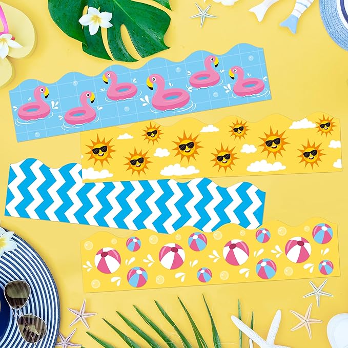 BeYumi Summer Beach Border Trim - 80Pcs Summer Wave Beach Pool Bulletin Board Borders Back to School Border Trim Decor Classroom Office Chalkboard White Board Poster Summer Holiday Party Decoration