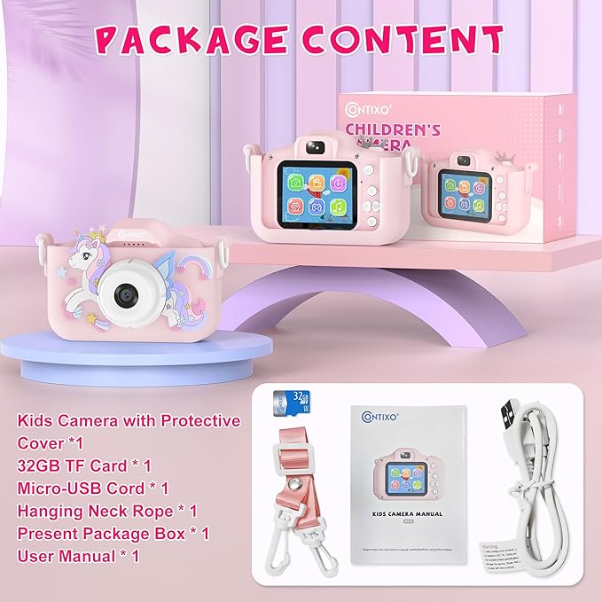 Contixo KC3A Kids Digital Camera - 1080P Toddler Camera with Selfie Mode, Games, Sound Recording, 8X Zoom, 32GB SD Card, USB-C Rechargeable Educational Toy for Boys Girls Ages 3-8, Pink