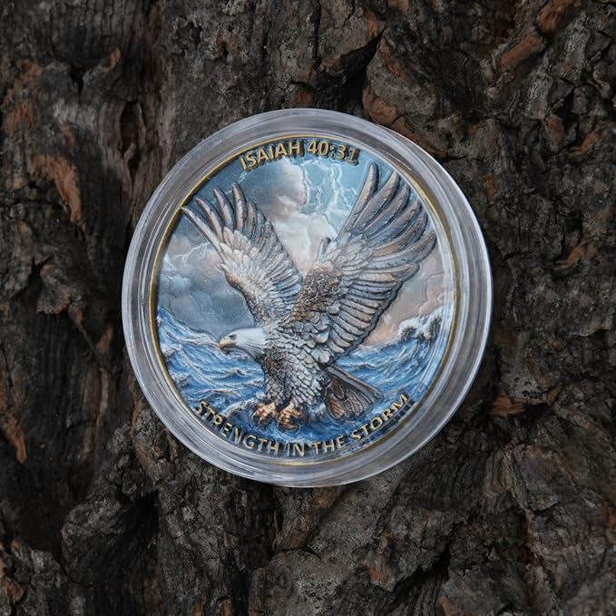 5Pcs 1.57 Inch Zinc Alloy Double-Sided 3D Eagle Challenge Coin - Colorful Inspirational Design with Isaiah 40:31, Strength in The Storm Theme(Pack of 5)