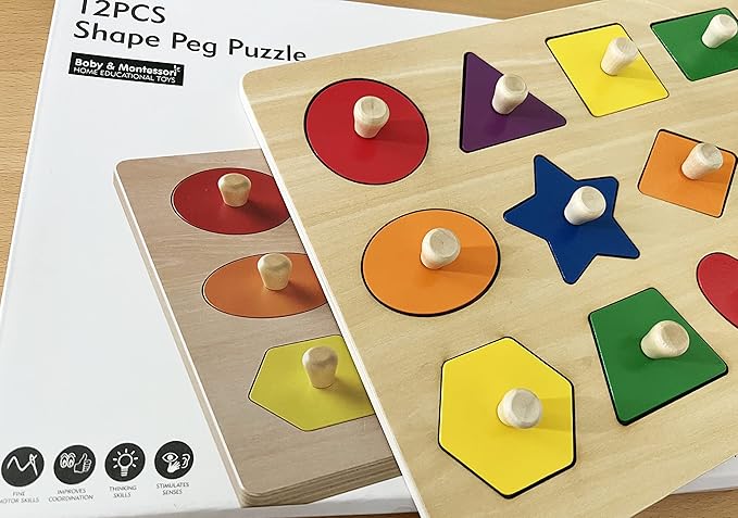 Dailyfunn Montessori Toy Shape Peg Puzzles Baby Puzzle 12-18-24 Months with Knob for Infant-Toddlers 1-3