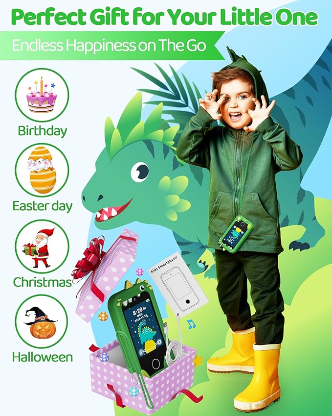 KOKODI Kids Smart Phone Toys, Touchscreen HD Dual Camera Cell Phone for Kids, Birthday Gifts Dinosaur Child Play Phone for Boys 3-10, Travel Preschool Learning Toy (Green)