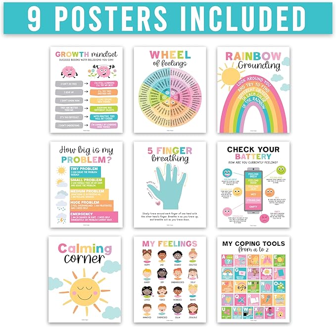 Hadley Designs 9 Calming Corner Posters For Classroom Must Haves For Teachers - 11x14 Calm Down Corner Supplies, Feelings Chart For Kids Ages 4-8, Feelings Wheel Poster, Pastel Classroom Decor