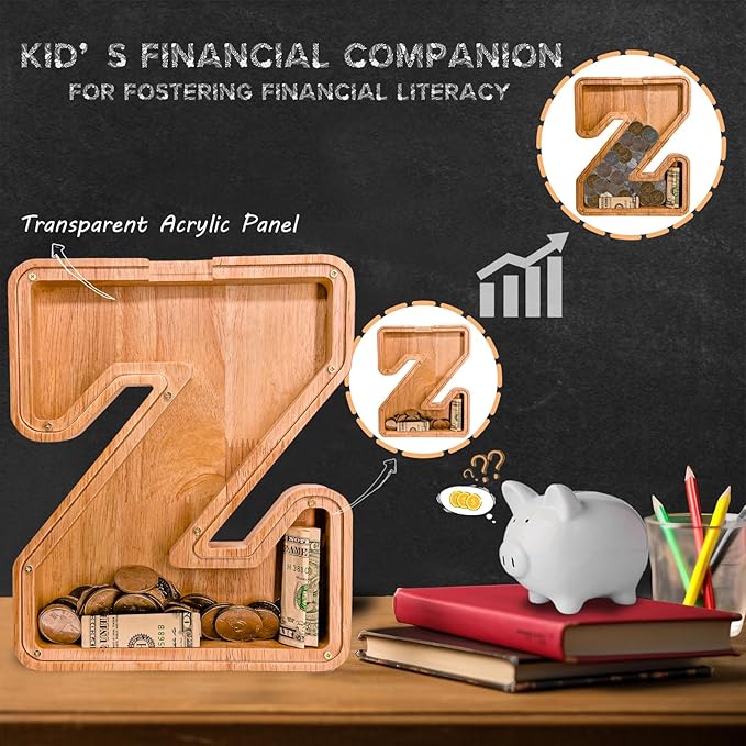 Wooden Letter Piggy Bank for Kids Larger Letter Piggy Bank for Boys and Girls Personalized Piggy Bank Initial Coin Bank Wood Kids Money Bank for Birthday and Festival