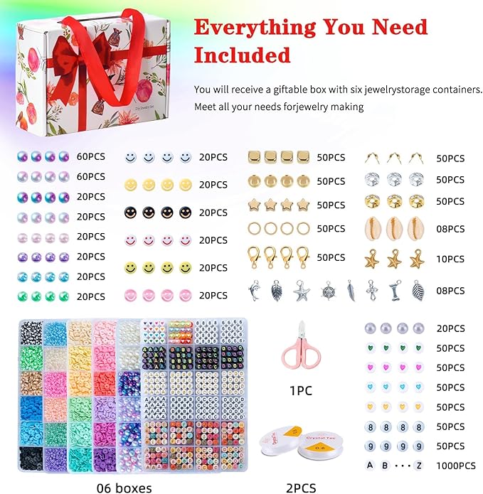 SJZWSD 6-Box Friendship Bracelet Making Kit - 16,000pcs Clay, Seed & Glass Beads Collection, Letter Beads, Charms