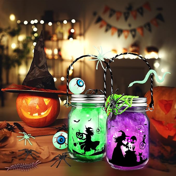 Halloween Craft for Kids,4PCS Halloween Mason Jar Kit with Accessories for Kids DIY,Halloween-Theme Art Activities Supplies Gifts for Kids Aged 4-12,Party Decoration Classroom Trick or Treat